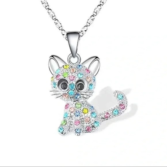 Colorful Rhinestone Silver Cat Pendant Necklace 💸 - Picture 1 of 3